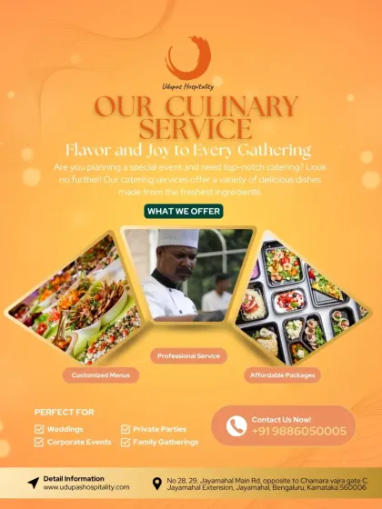 Our culinary service brings flavor and joy to every gathering. This graphic outlines what we offer, including customized menus, professional service, and affordable packages for all types of events.