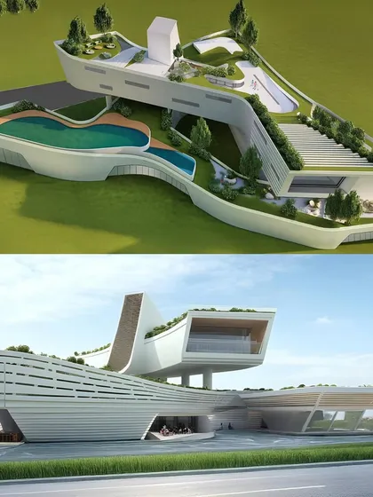 This conceptual design shows our exploration of cantilevered structures that support extensive green roofs and a suspended swimming pool. The goal is to create dramatic, functional outdoor living areas that appear to float within the landscape.