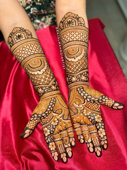 A full view of a traditional Indian henna design with rich patterns.