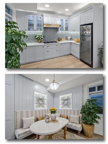 A diptych showcasing a pristine, light-filled kitchen and an adjacent cozy dining nook. The images highlight the home's cohesive design, with consistent light-grey cabinetry and thoughtful use of space for both functionality and comfort.