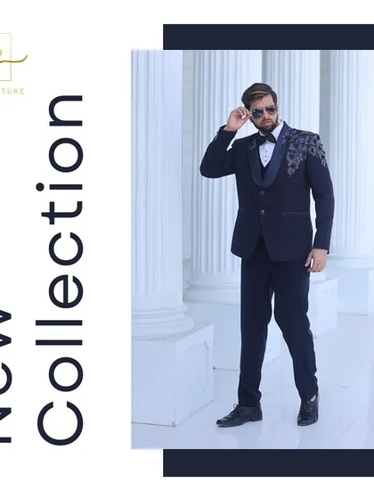 This navy blue tuxedo from our new collection features stunning shoulder embroidery. We can customize the level of detail to match your preference, from subtle to statement-making.