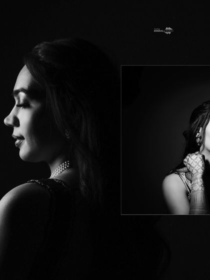 A collage of artistic black and white bridal portraits. The different profiles and poses showcase the bride's elegance from various angles.