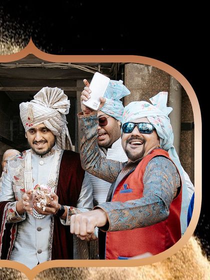 The groom's friends celebrating with him during the baraat. The energy of the groom squad is always infectious!