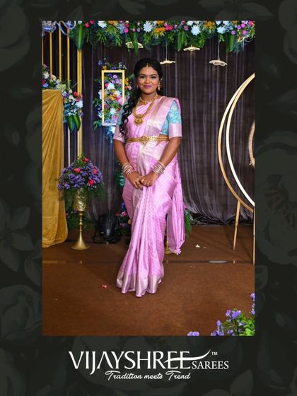 For another event, Jhanavi chose a delicate lavender Kanjivaram, showcasing the range of colors available in our collection.