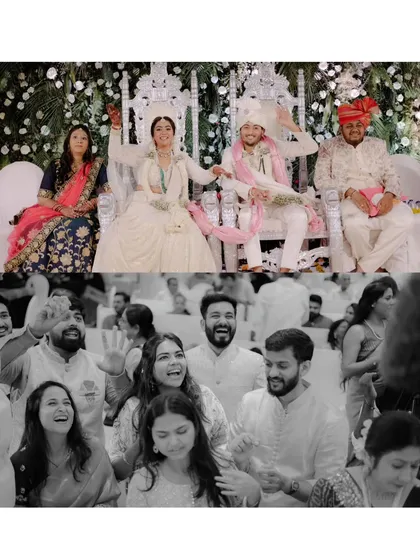 A collage showing the couple on stage and the happy, dancing guests. It captures the joyful atmosphere of the whole event.