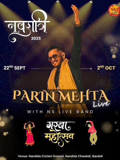 This is an official poster for one of my biggest annual events, a Navratri Garba Mahotsav in Bardoli. Professional event branding like this shows my experience as a headline performer for large-scale, multi-day public festivals.