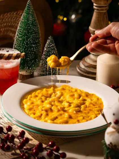 A cheesy macaroni and cheese, shot with Christmas decorations. This classic comfort food is given a festive twist.