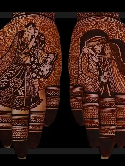 Two different couple poses captured in henna. One hand shows a playful moment, while the other features a more intimate pose, showcasing the versatility of portrait mehendi.