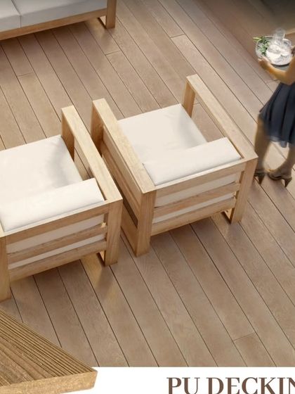 Light-colored PU decking used in a residential setting. The clean, modern look complements the outdoor furniture and creates a bright, airy feel.