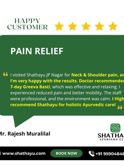 This patient found relief from neck and shoulder pain with a 7-day Greeva Basti treatment. They highlight the effectiveness and relaxing nature of the therapy, which resulted in reduced pain and better mobility.