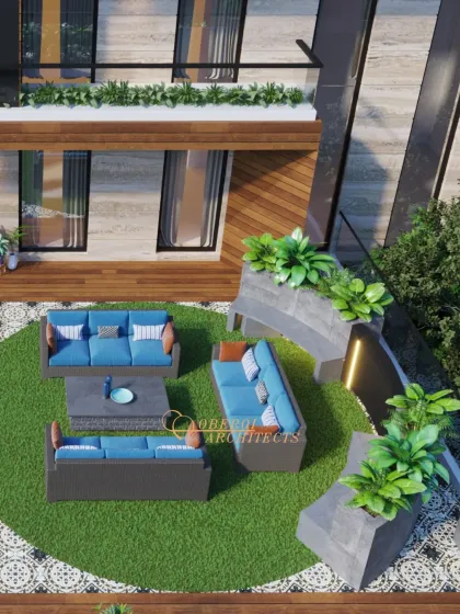 A closer look at the comfortable outdoor seating arrangement, perfect for hosting guests or enjoying a quiet evening.