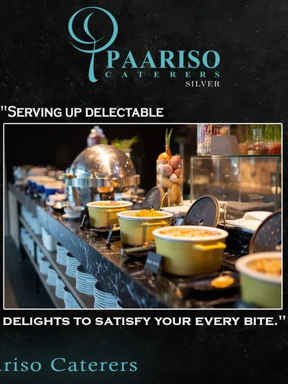 Our buffet lines are designed for both style and function. Here, you can see a modern black marble countertop with organized serving dishes, ensuring a clean and high-end feel.