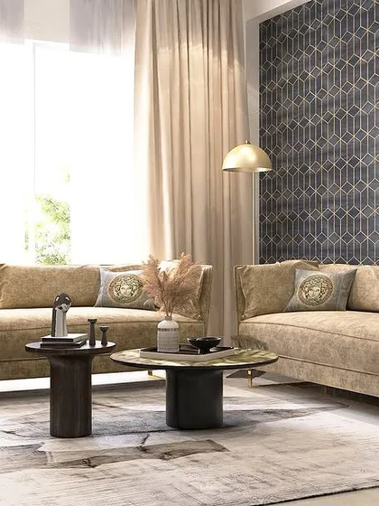 This chic lounge, designed for a Mapsko Gurgaon project, features a mix of luxurious textures and geometric patterns. The neutral palette and gold accents create a warm yet contemporary ambiance for relaxing or entertaining.