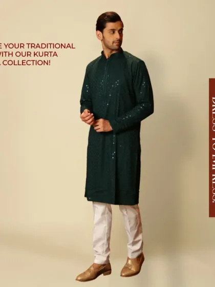 Dress to impress. This dark green kurta with subtle sequin work is a sophisticated choice for any festive occasion.