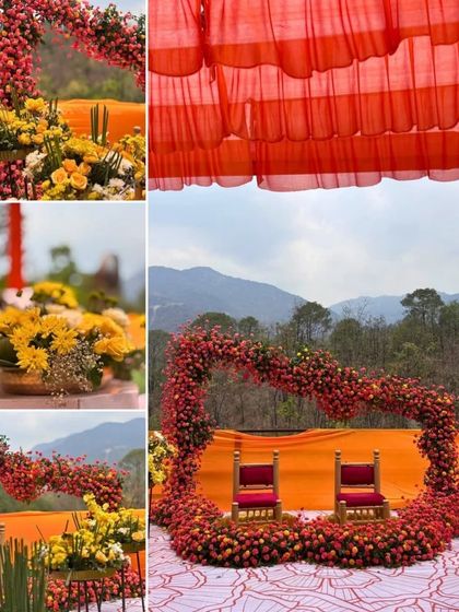 A collage highlighting the details of a hillside haldi ceremony. The heart-shaped floral arch for the couple's seating is a standout feature, surrounded by traditional marigolds.