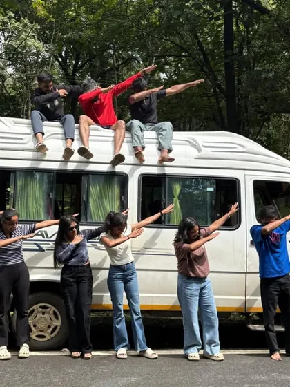 A fun, posed shot with our tempo traveller. We always have a great time, even on the road.