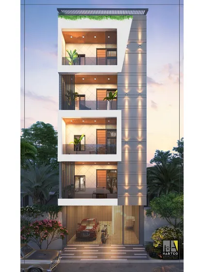 A residential project in West Delhi where stacked, offset balcony frames create a visually engaging facade. The design is enhanced by vertical groove patterns and integrated lighting, adding to its modern appeal.