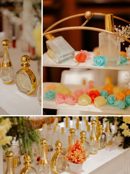The beautiful setup of an attar bar, another unique detail from a vibrant Haldi ceremony.