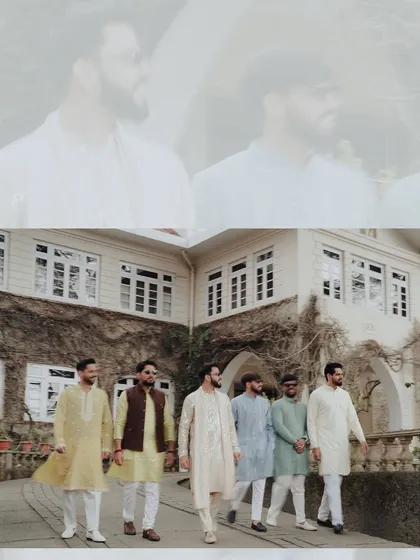 The groom and his groomsmen, all dressed in traditional attire, make a stylish entrance at the Haldi ceremony. This shot captures the energy and camaraderie of the groom's side.