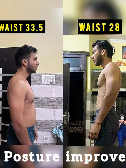 Notice the change not just in waist size from 33.5 to 28 inches, but also in posture. Correct training and a stronger core led to a more confident and upright stance for my client Mohit.
