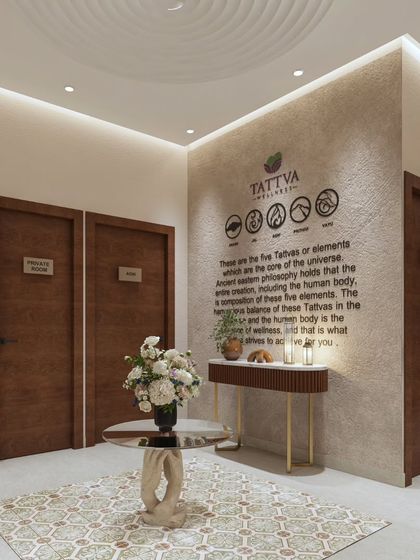 This hallway at Tattva Wellness explains the philosophy of the five elements. We used wall text and simple decor to turn a transitional space into an informative part of the client's wellness journey.