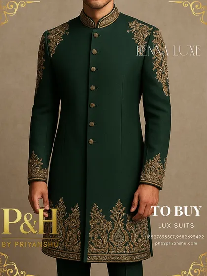 A close-up of the torso, showing the texture of the fabric and the density of the golden embroidery.