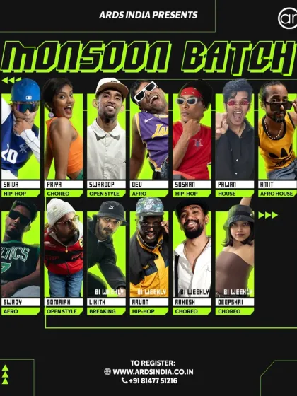 Announcing our full Monsoon Batch lineup. We have incredible instructors teaching Hip-Hop, Choreo, Open Style, Breaking, House, and Afro.