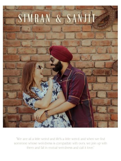 A fun and candid portrait of the couple sharing a laugh against a rustic brick wall. This shot captures their playful personalities and genuine connection.