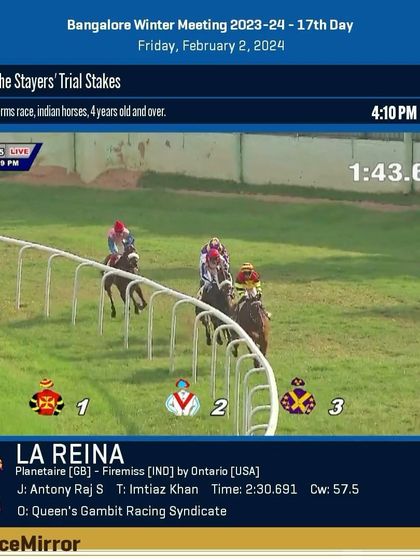 Race 5 results from February 2, 2024: La Reina wins The Stayers' Trial Stakes.