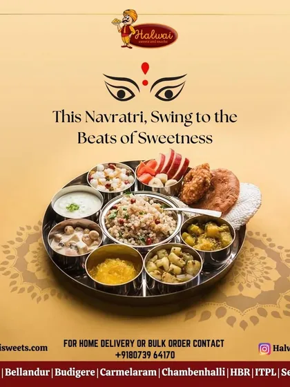 We create special menus for festivals, like this traditional Navratri thali. It features a complete, pure vegetarian meal that is both delicious and perfect for observing festive traditions.