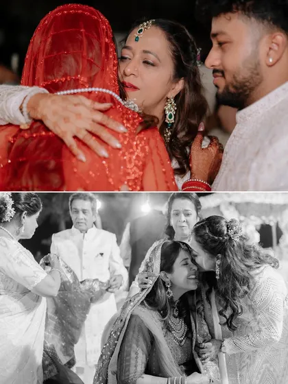 A two-panel image showing emotional embraces at a wedding. The top photo shows a groom hugging his mother, while the bottom shows the bride sharing a kiss with a family member, capturing the heartfelt goodbyes and blessings.