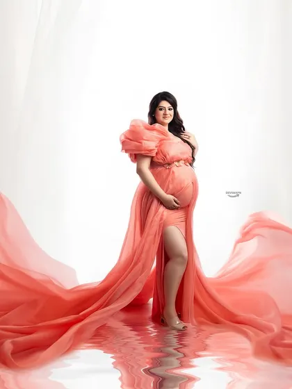 This shot captures the full splendor of the coral-pink flowing gown, complete with a water reflection effect. It's a perfect example of the glamorous, high-impact portraits I love to create.