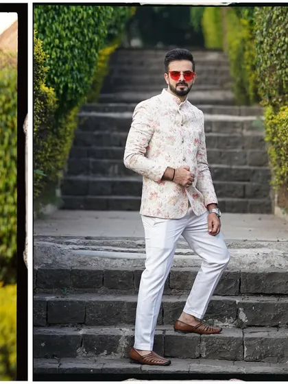 Embracing a minimalistic and elegant approach for a wedding function in Pune. This floral jacket on white is perfect for a sundowner event.