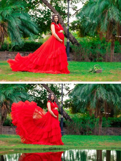 A two-panel collage showing a woman in a striking red ruffled gown, posing by the water in a park. The images capture both a static pose and a dynamic swirl of the dress.