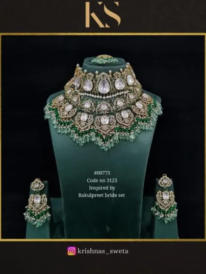 The Rakul Preet-inspired set with soft mint green beads. This is a perfect choice for a spring or summer wedding.