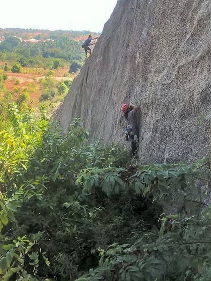 Two climbers on a route at the Rasta Cafe crag. This area offers a mix of sport and trad climbing, reflecting the diverse interests of our community.