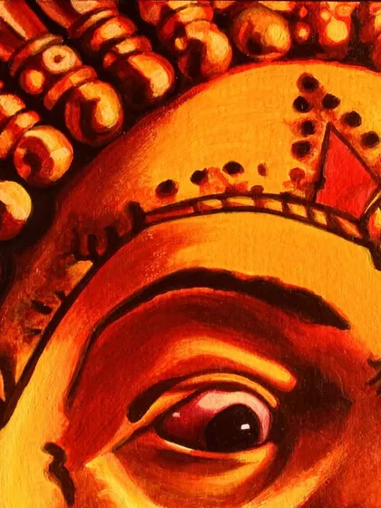 A close-up detail of my 'Kantara' acrylic painting. This shot highlights the intricate brushwork on the headpiece and the intense, fiery colors used to paint the eyes.