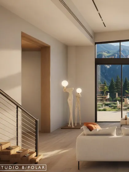 Sculptural lighting and art pieces add a touch of modern sophistication to the otherwise minimal and nature-inspired design of the Kangra holiday home.