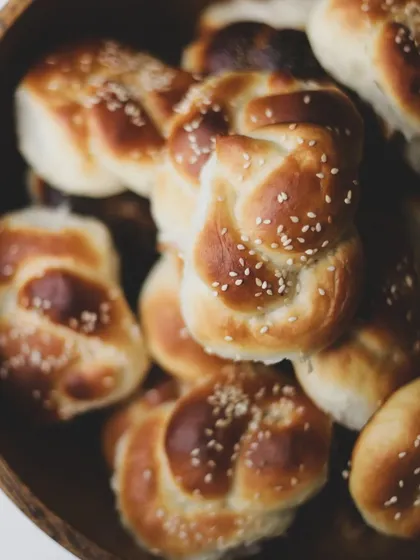 Freshly baked knotted bread rolls with sesame seeds. Our baking module teaches various shaping and finishing techniques.
