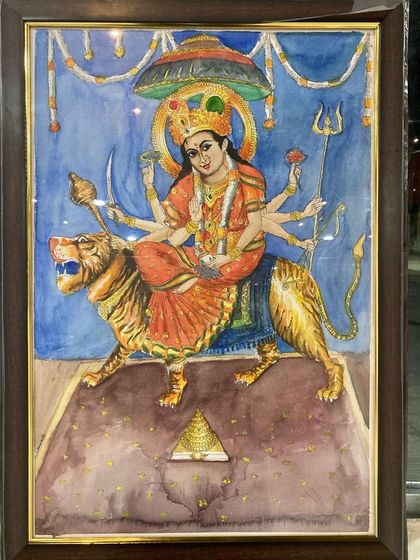 This watercolor painting of Maa Durga was created for our building's Navratri celebrations. It was an honor to have my art be a part of the worship for the nine holy days, capturing her divine strength and grace.