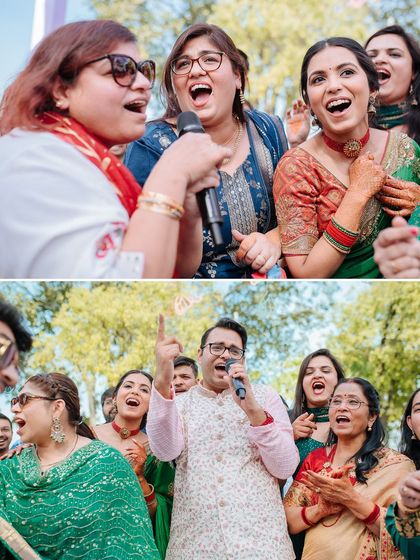 A collage of guests singing their hearts out during a fun Antakshari session at the Mehendi.