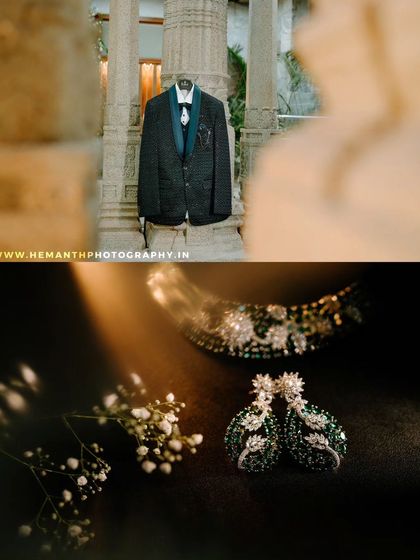 A "getting ready" collage that pairs the groom's reception jacket with a beautifully lit shot of the bride's diamond and emerald jewelry set.