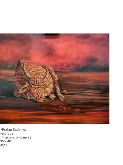 Titled 'Valorous,' this 36 by 40-inch acrylic on canvas depicts a bull rendered in the woven bamboo style, resting in a stark, red-hued landscape. The artwork is a meditation on strength, endurance, and the quiet dignity found in struggle.