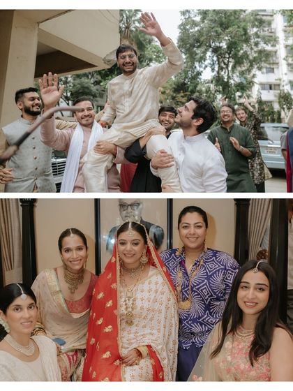 A collage showing the fun-filled baraat and the bride with her family, capturing the joy of a simple, heartfelt wedding.