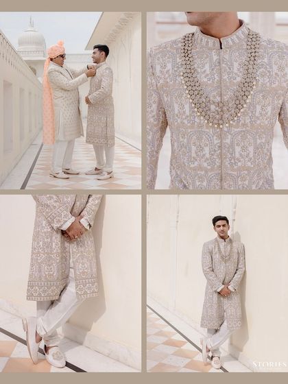 A collage of the groom, Rupen, getting ready, showing details of his sherwani and the moment his father helps him.