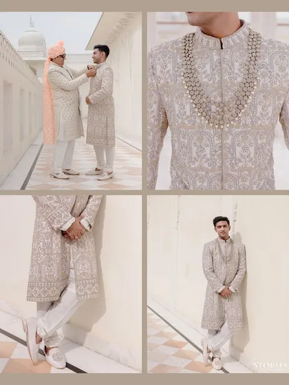 A collage of the groom, Rupen, getting ready, showing details of his sherwani and the moment his father helps him.