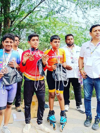 Our skaters Hemagna and Vanshika with their medals after the 1st national inter-district championship. Hemagna secured two bronze medals in Alpine and downhill, while Vanshika won a silver in the mixed relay.