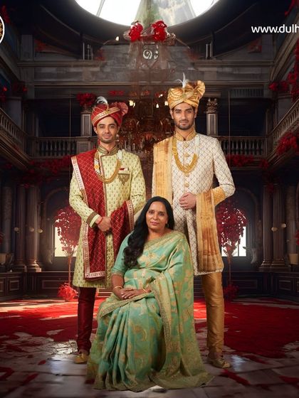 Family and tradition, draped in royal elegance. This image showcases two distinct sherwani looks, one in cream and red, the other in cream and gold, perfect for grooms and their family.
