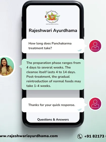 The full Panchakarma process has three stages. Preparation can take 4 days to several weeks, the main cleanse lasts 4 to 14 days, and the post-treatment restoration phase can take 1 to 4 weeks, depending on your individual needs.