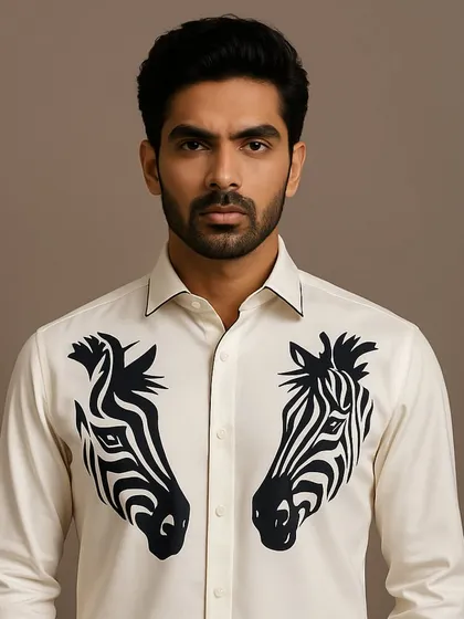This portrait shot captures the striking contrast of the black zebra embroidery against the off-white fabric. The design is bold and symmetrical, creating a powerful visual impact.